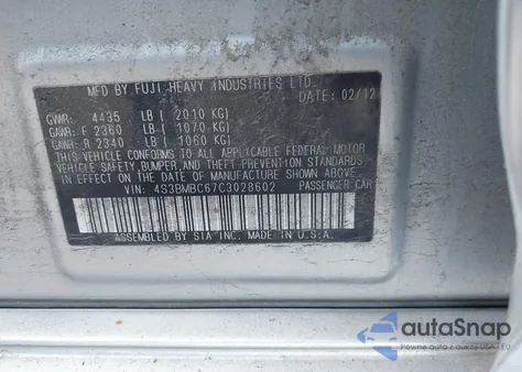 2012 Subaru Legacy 2.5I Premium из США, поврежденный, VIN 4S3BMBC67C3028602